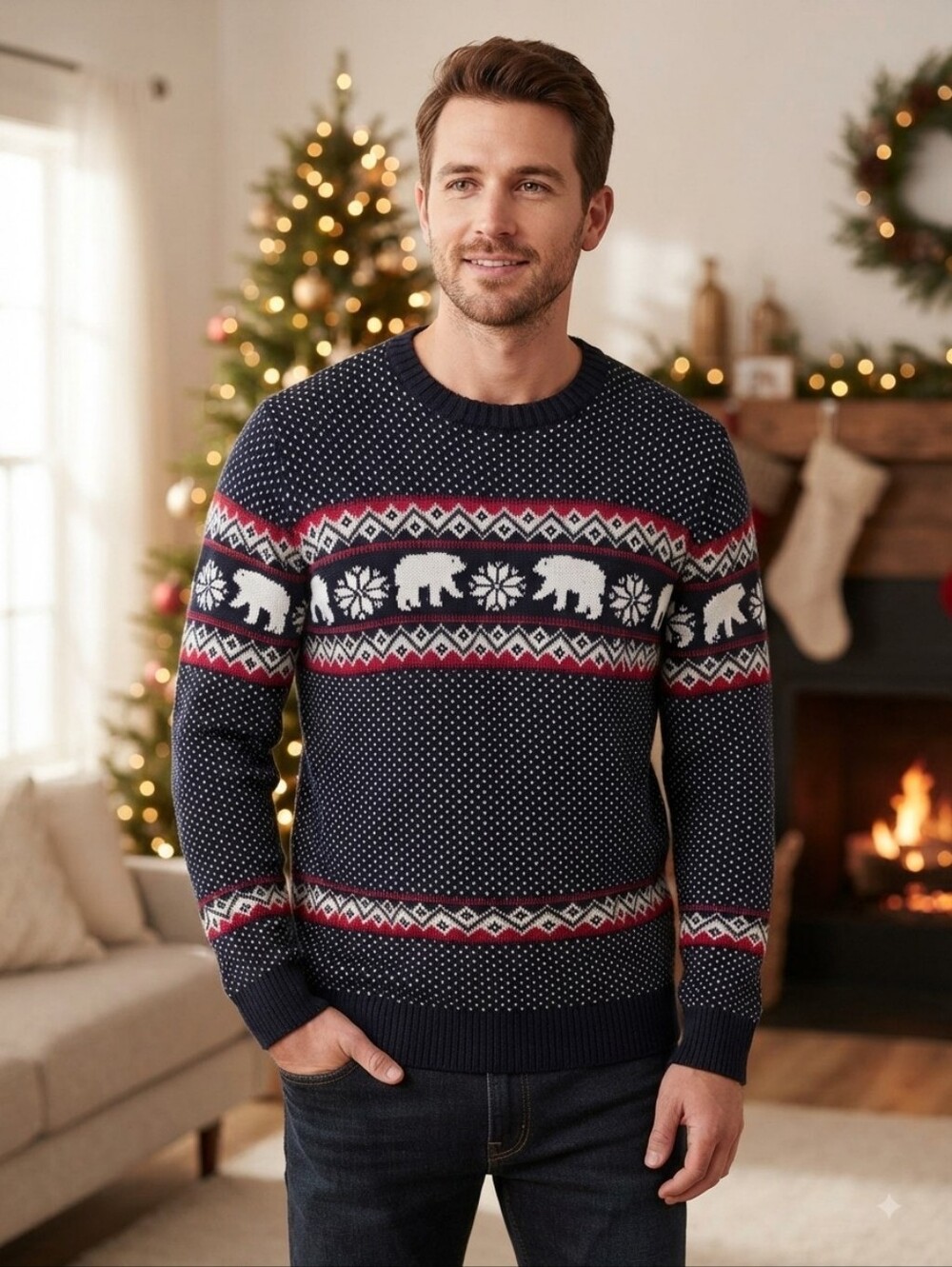 ​New Aspen Men's Holiday Sweater Navy Blue Polar Bear Fair Isle Print Size L